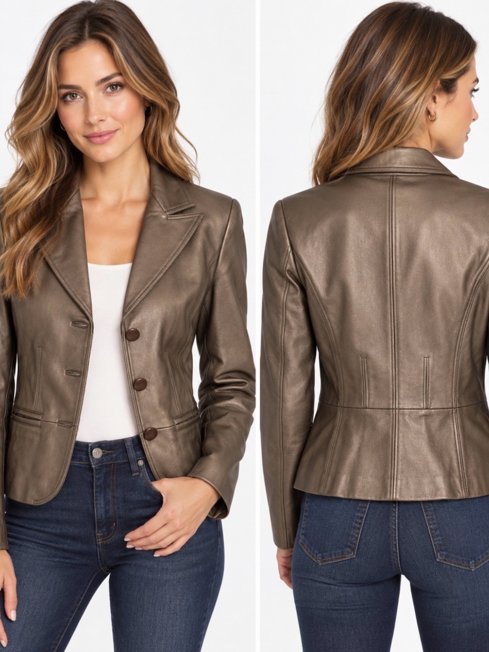 Bernardo PM Genuine Leather Blazer Jacket Metallic Bronze Brown Tailored